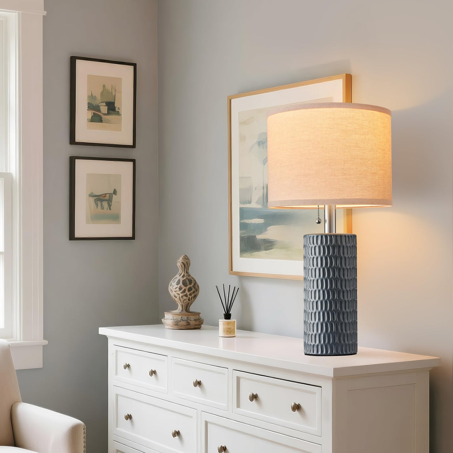 Reaketon 20.5" Modern Ceramic Table Lamps for Bedroom Set of 2, Bedside Lamps for Night Stands with Beige Lampshade, Farmhouse Table Lamp for Living Room Office Dorm, Grey