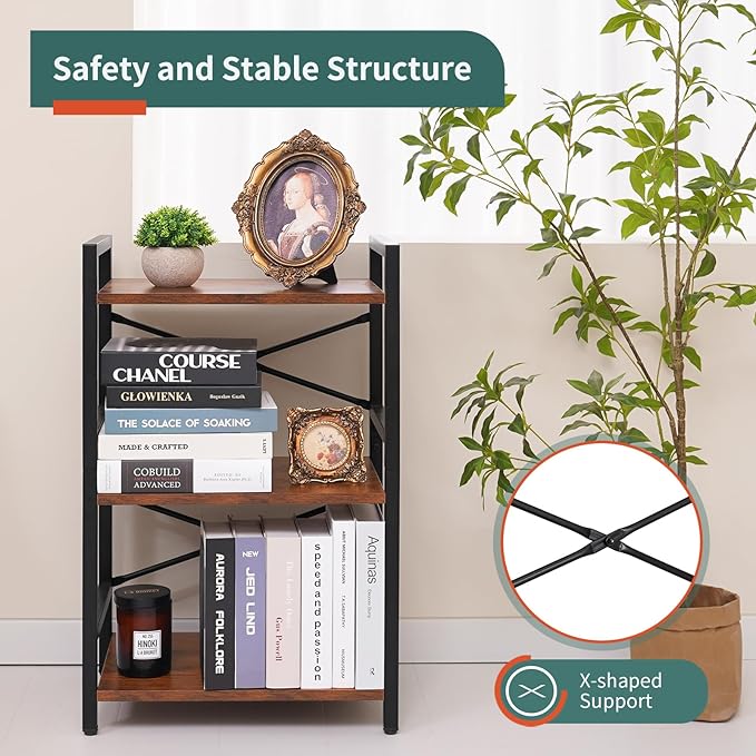 Yoobure Bookshelf Small Book Shelf, Solid Industrial 3 Tier Shelf Bookcase