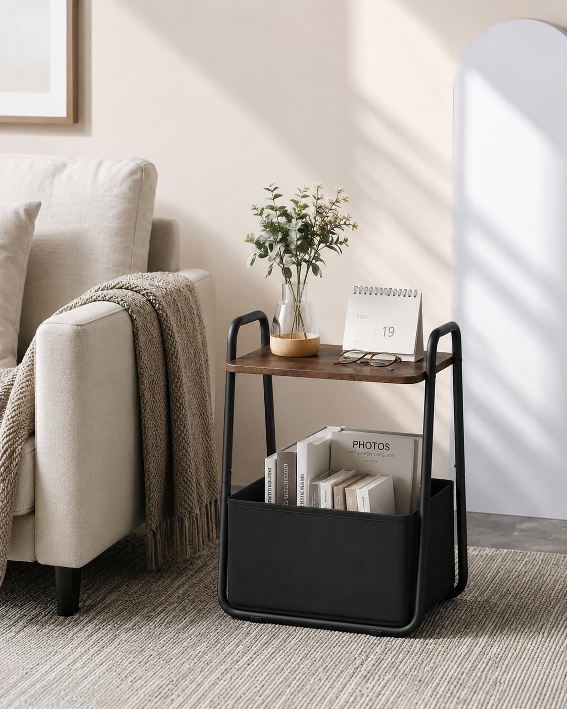 Synlajoy Rustic Brown Metal Frame Nightstand - Small Side Table with Fabric Storage Basket and Handle - Ideal for Bedroom & Living Room & Dorm