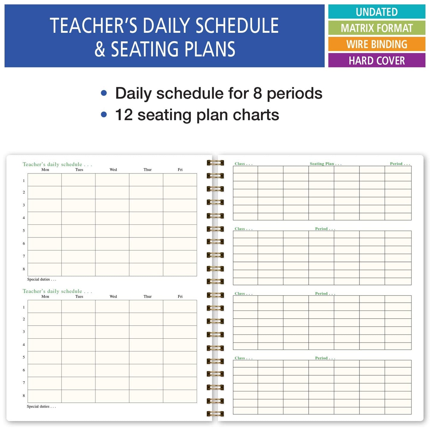 Elan Publishing Company HARDCOVER 7 Period Teacher Lesson Planner - Days Horizontally Across the Top with Bonus Clip-in Bookmark (Pink Marble)