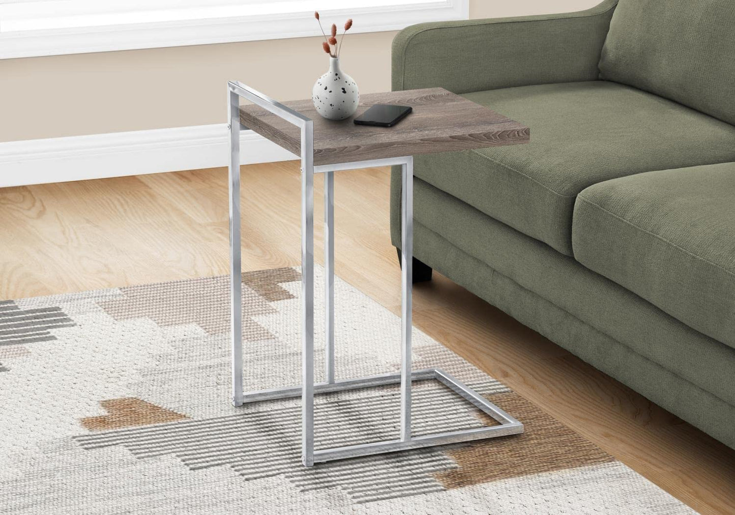 Monarch Specialties I 3638 Accent Table, C-Shaped, End, Side, Snack, Living Room, Bedroom, Metal, Laminate, Brown, Chrome, Contemporary, Modern