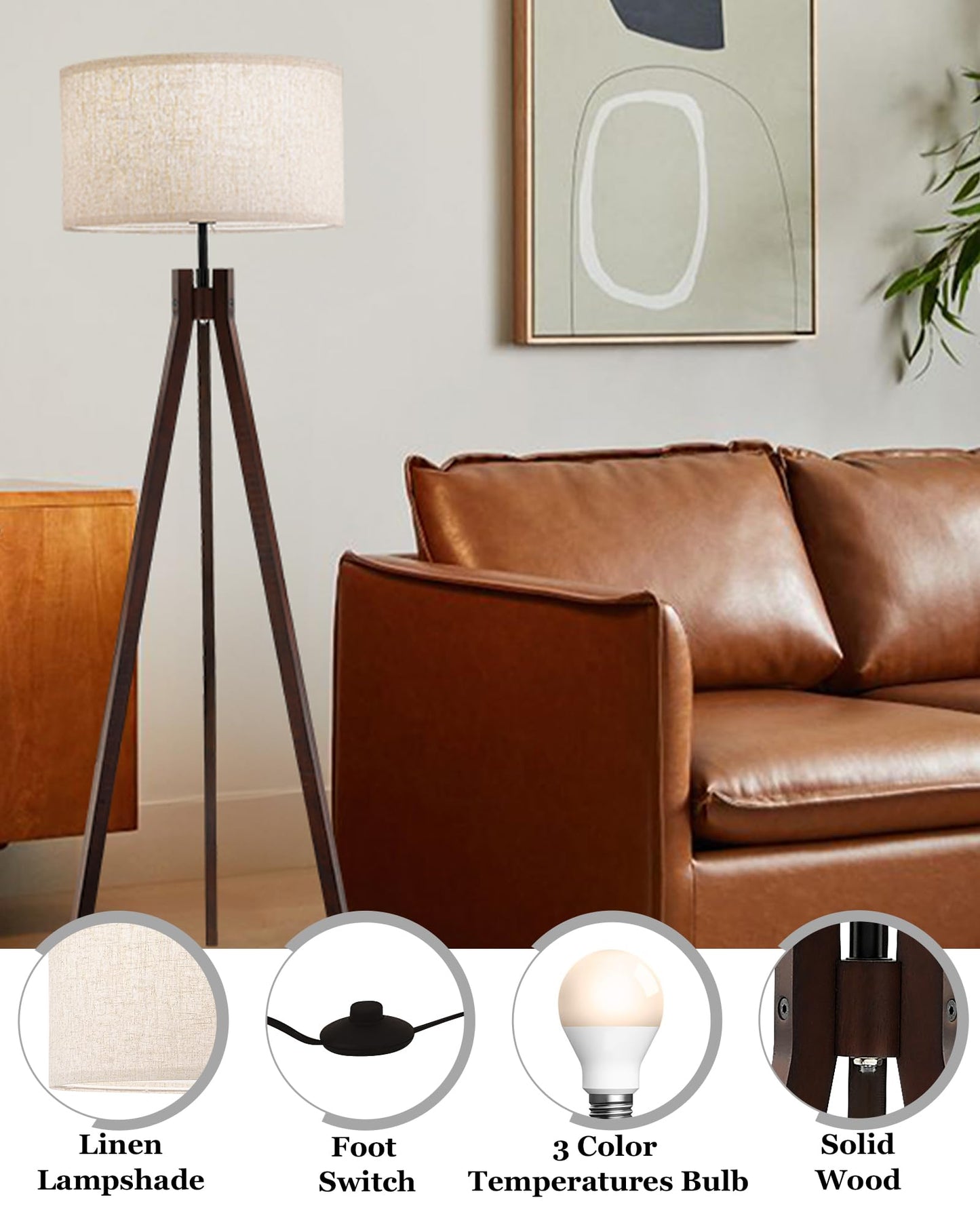 ELYONA Wood Tripod Floor Lamp for Bedroom, 3 Color Temperatures & Linen Shade, Modern Reading Standing Lamp with 9W LED Bulb, Mid Century Night Light for Farmhouse, Living Room, Office, Walnut