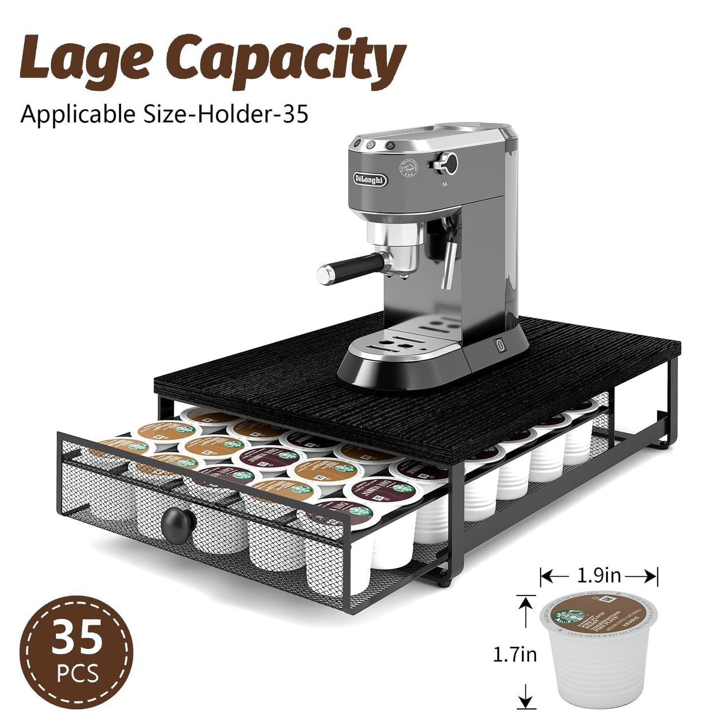 Sedegn Coffee Pod Holder Counter Coffee Vertuo Capsules Storage Organizer with Sliding Drawer Compatible For 35 K-Cup Pods No Assembly Needed Black