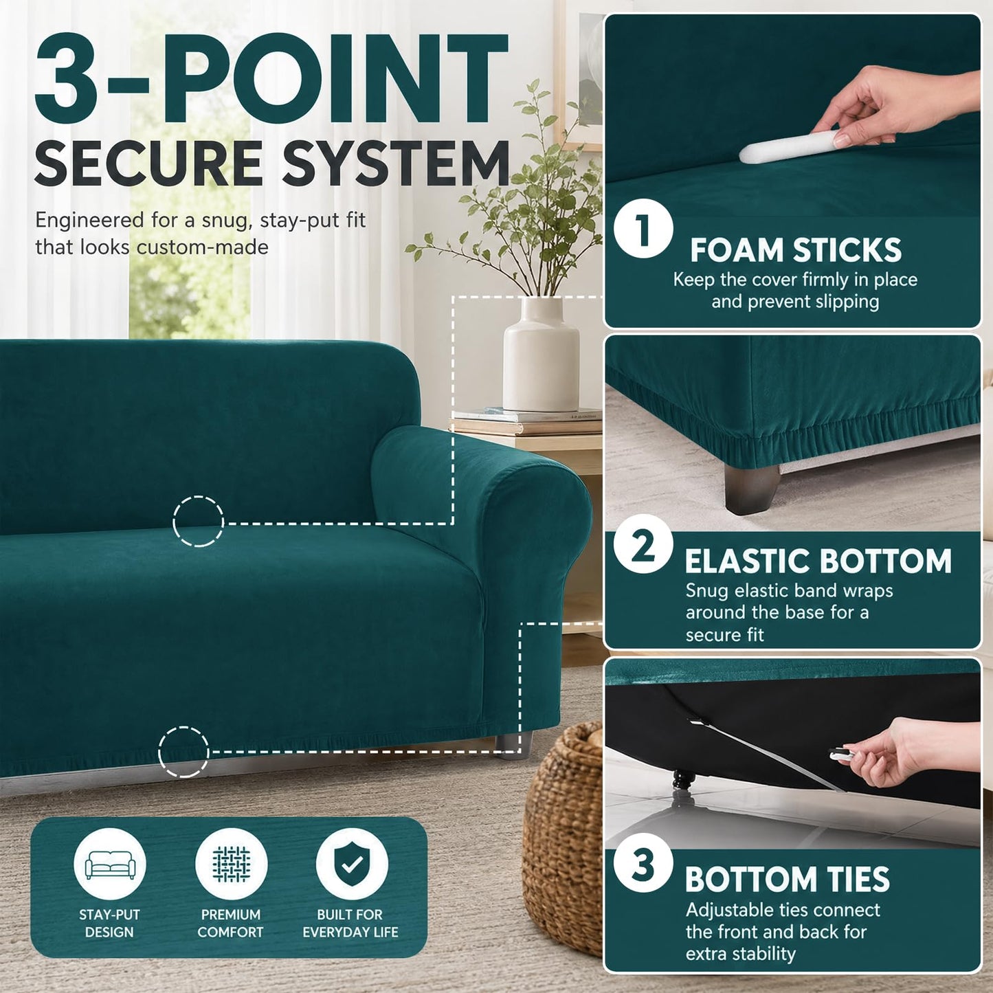 YEMYHOM Real Velvet Couch Covers for 2 Cushion Couch High Stretch 1 Piece Loveseat Slipcover for Pets Dogs Anti Slip Love Seat Sofa Slipcover Furniture Protector (55"-69", Blackish Green)