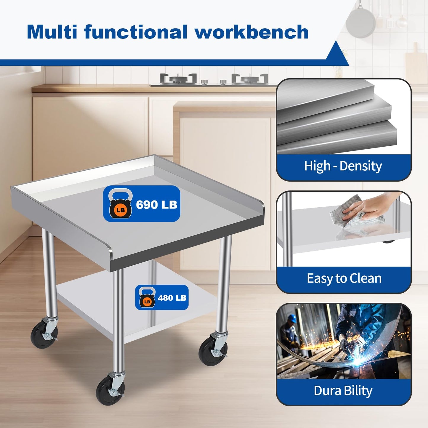 KUGEIGO Commercial-Grade Stainless Steel Workstation Table with Under Shelf & Lockable Casters (24"x24"x24")