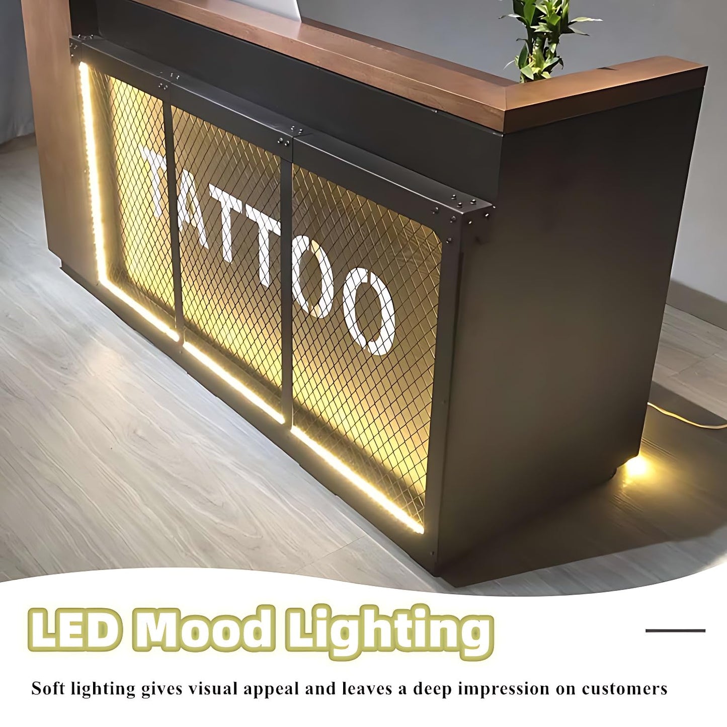 Industrial Reception Desk with LED Lighting, Solid Wood Counter for Retail & Office, Versatile Front Desk Table for Modern Workspaces, Stylish Reception Furniture