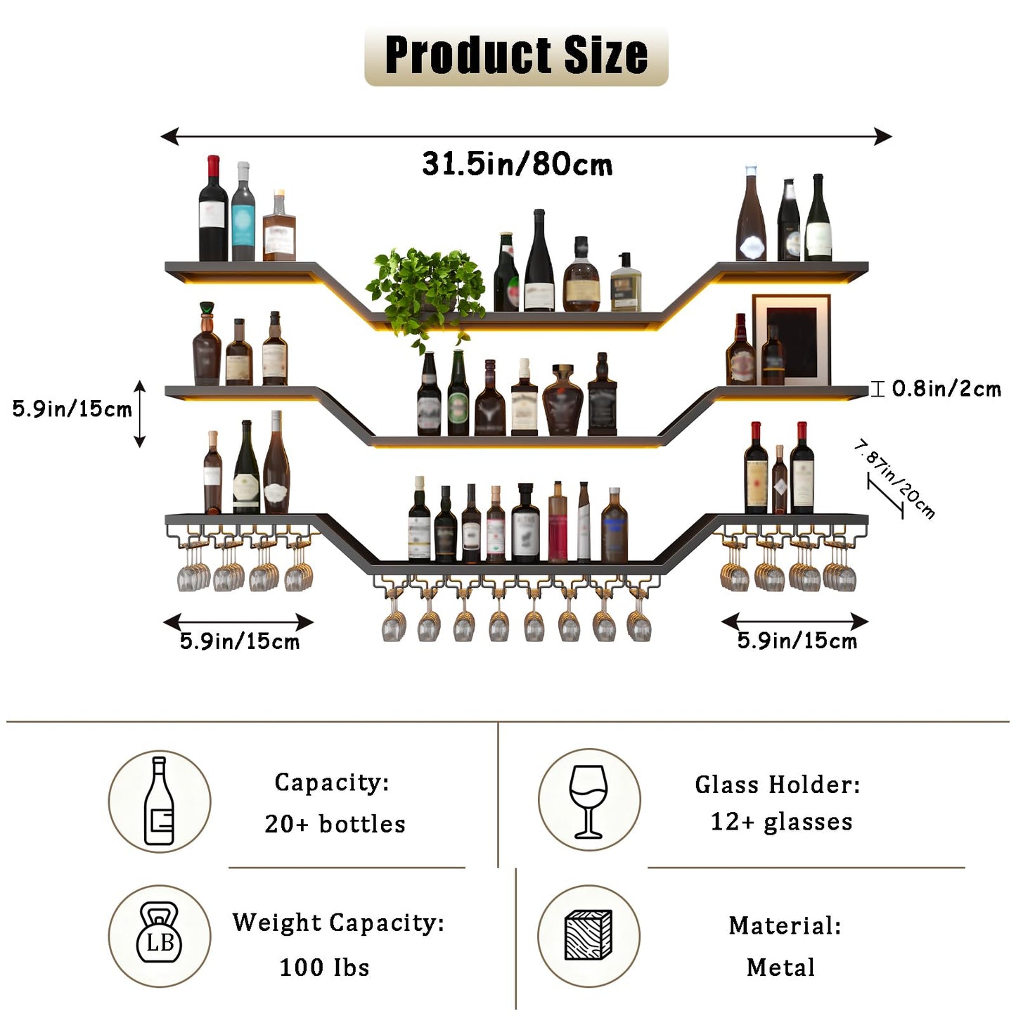 31.5in Modern LED Wine Rack Wall Mounted, 3-Tier Floating Bar Shelves with Wine Glass Rack, Large Hanging Liquor Shelf Wall Mounted, for Home Bar Dining Room Cafe Decorative (Black, 31.5in/80cm)