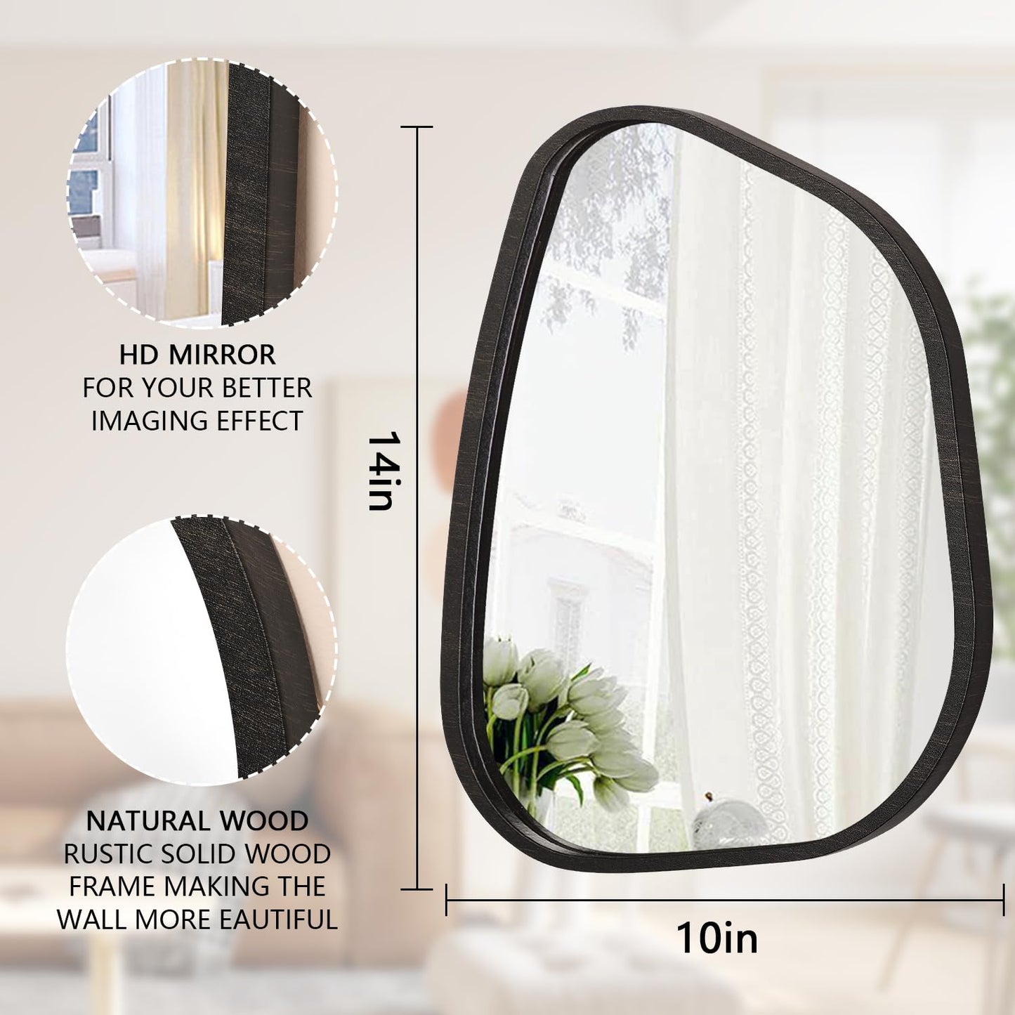 HLFMVWE Asymmetrical Mirror for Wall Irregular Oval Wood Frame Modern Unique Wall Mirror Decorative Vanity Bathroom Living Room Bedroom Entryway Hallway Artistic Wavy Mirror Small 14"x10"