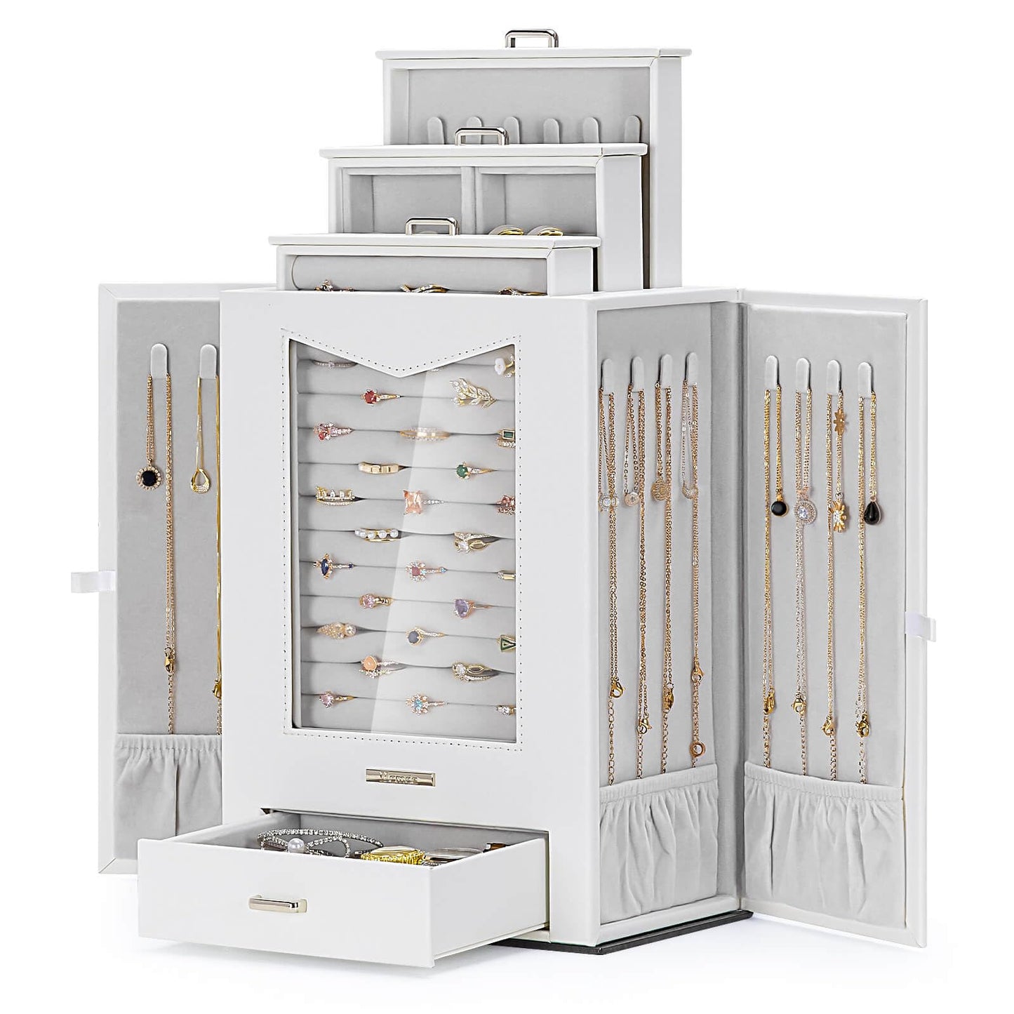 Homde Jewelry Organizer with Transparent Window Necklace Hooks Gift for Women Jewelry Box Display Case for Necklaces Rings Earrings Bracelets and Other Jewelry Accessories (White)