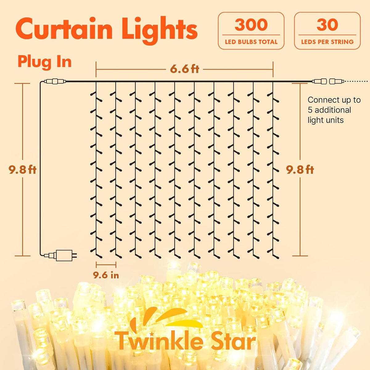 Twinkle Star 300 LED Curtain String Lights, 8 Modes Plug in Fairy Lights for Bedroom,Wedding,Party,Birthday, Hanging Twinkle Light for Indoor Outdoor Wall Window Backdrop Decoration, Warm White