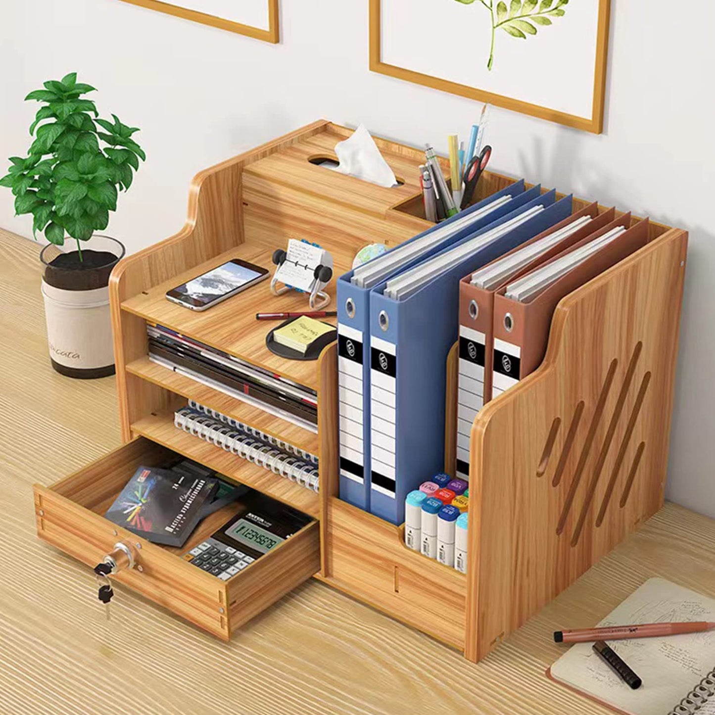 Zyners Bamboo Desk Organizer, Desktop Wood Bookshelf File Organizer, Pen Holder and Tissue Holder, 1 Drawer with lock for Office, Home, Need to Install(Cherry Wood)