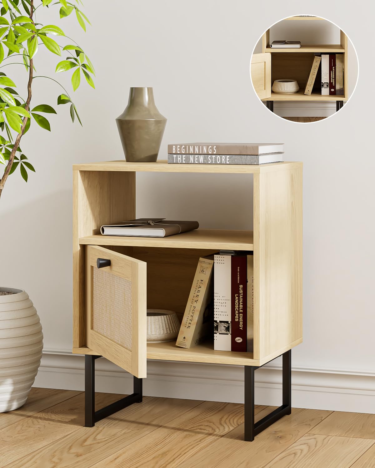 Apetaccat Rattan Nightstand, Boho Night Stand Farmhouse Wood Bedside Table with Storage and Open Shelf, End Side Accent Table for Bedroom,Living Room,Oak
