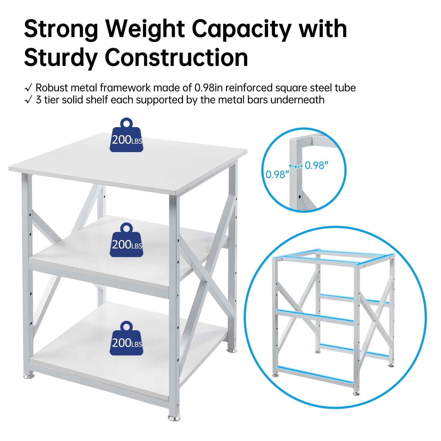 Fannova Large Printer Stand with Height Adjustable Storage Shelf, 23.6 x 23.6 Inches Square Printer Table with Industrial Wheels, Multi-use 3 Tier Rolling Printer Cart for Home Office - White