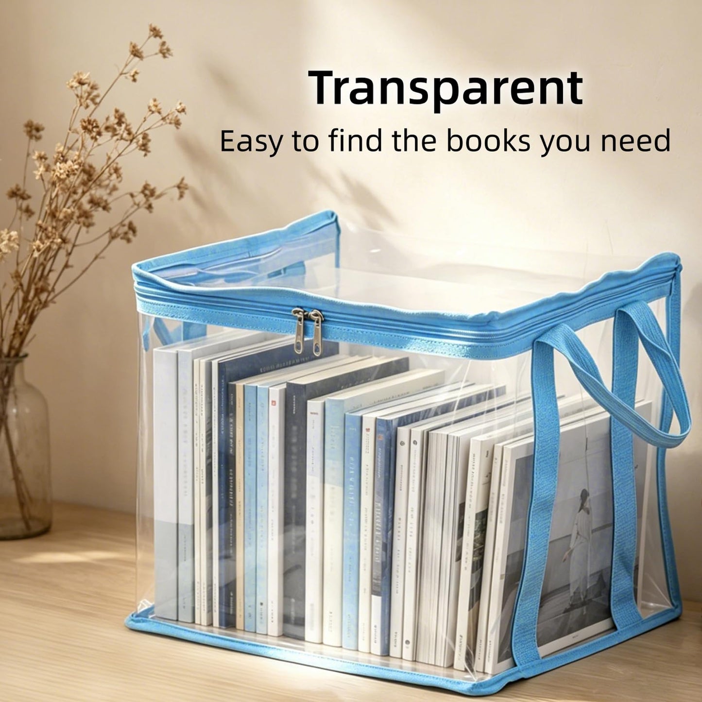 Clear Book Storage Bag with Reinforced Handles - Heavy Duty Plastic Comic Book Organizer & DVD Storage Bin - Collapsible Media Tote with Zipper Lid for Books, Journals and Albums - 15" x 9.5" x 12.5"