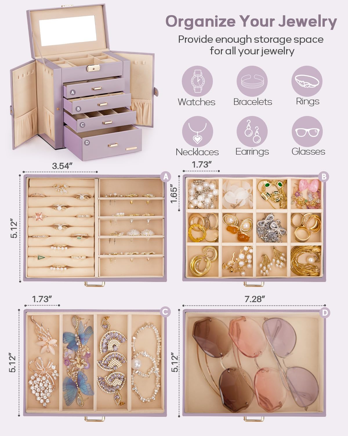Homde Synthetic Leather Huge Jewelry Box Mirrored Watch Organizer Necklace Ring Earring Storage Lockable Gift Case (Grey Purple + Gold)