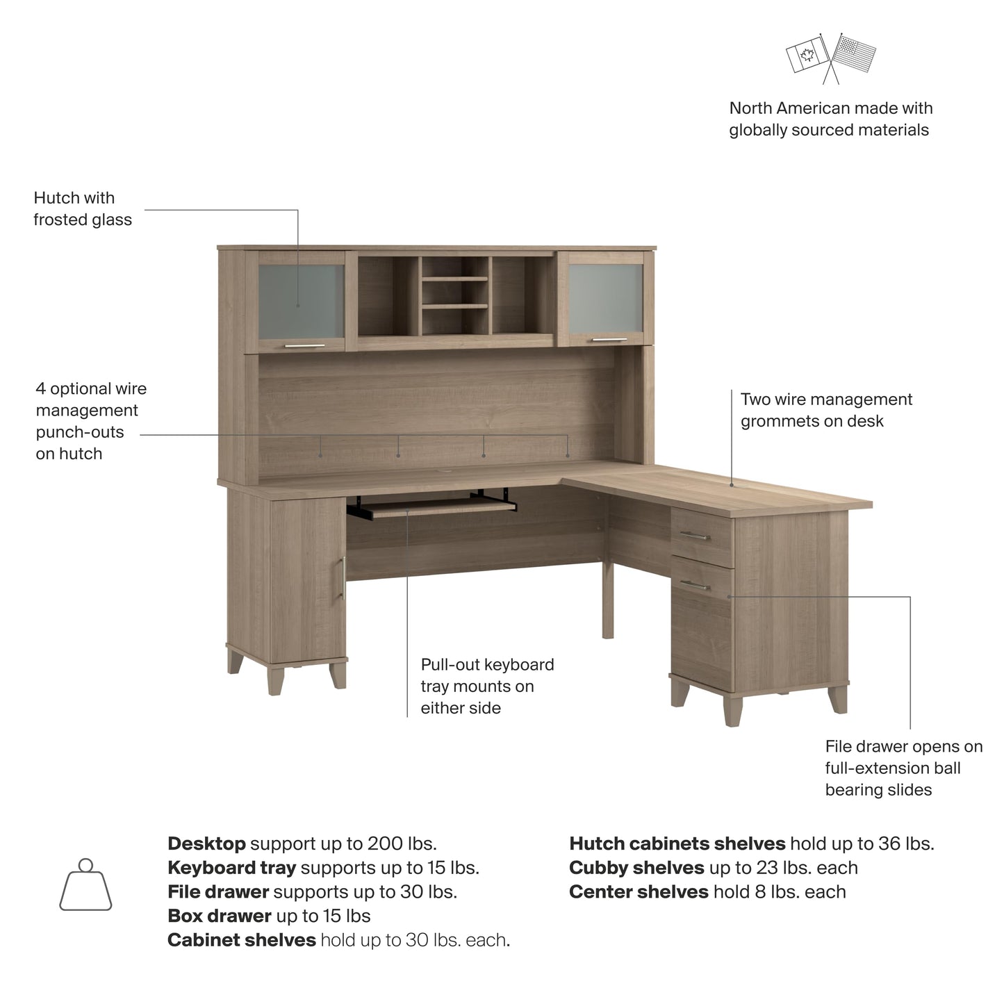 Bush Home 72-Inch L-Shaped Desk with Hutch, Corner Computer Office Desk with File and Box Drawers, Shelves and Storage Cabinet, Home Office Workstation, Somerset Collection, Ash Gray