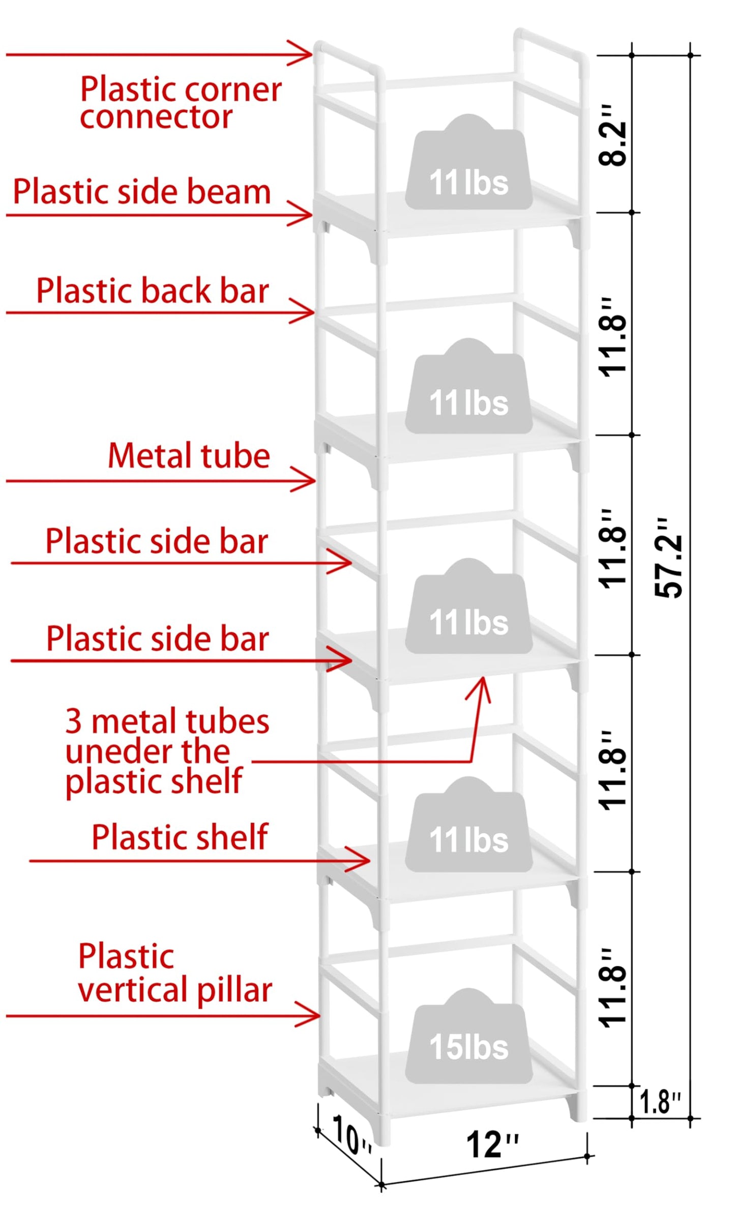 FIDUCIAL HOME 5 Tiers Narrow Bookshelf White Skinny Book Shelf Slim Thin Open Bookcase Small Spaces for Space Saving Easy Assemble