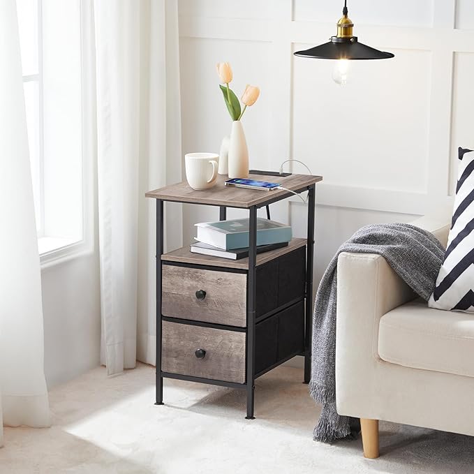 HOOBRO End Table with Charging Station, Narrow Side Table, Nightstand with 2