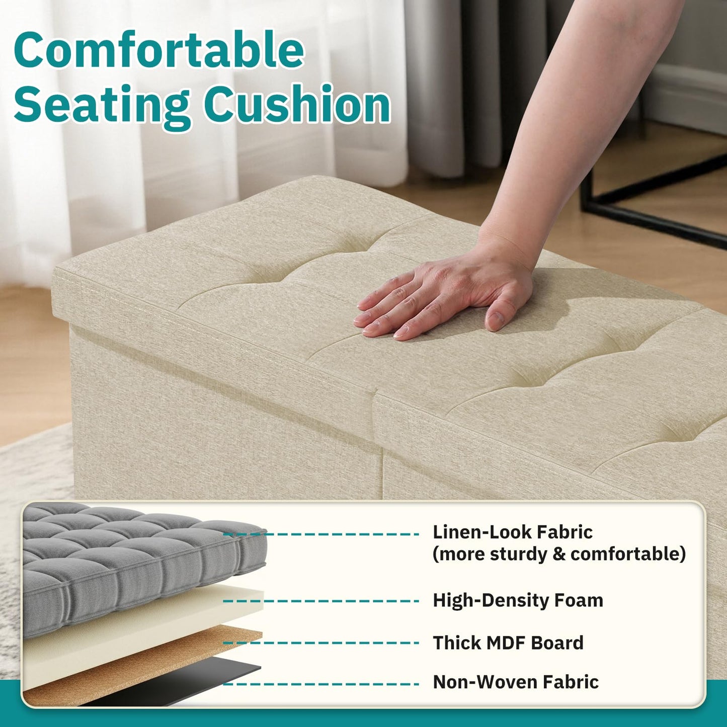 Snuvid 30-INCH Ottoman with Storage, Footrest Storage Bench, End of Bed Bench Coffee Table for Living Room, Bedroom, Entryway (Beige)