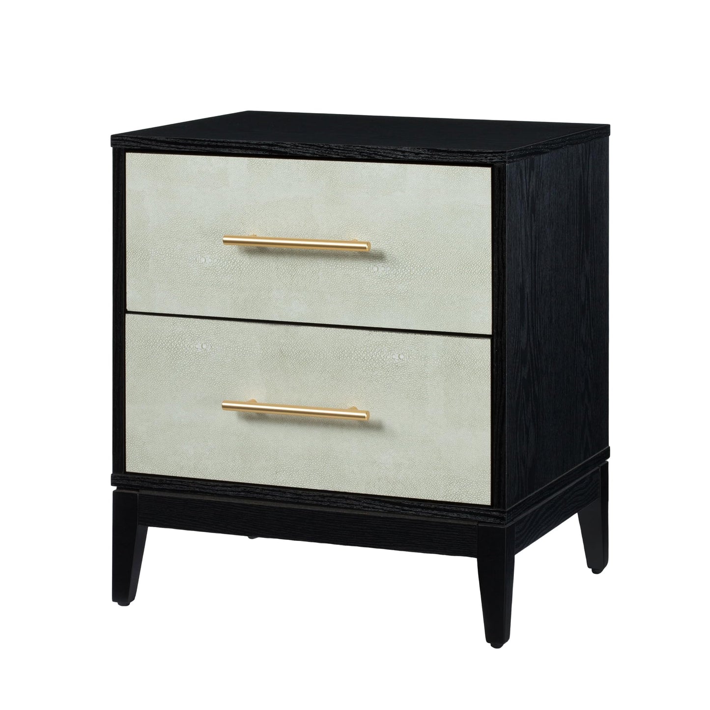 SANGO Shagreen 2-Drawer Nightstand, Modern Black Bedside Table with Gray Faux Shagreen Drawer Fronts, Brass Handles, Sturdy Legs, Elegant Storage for Contemporary & Luxury Homes