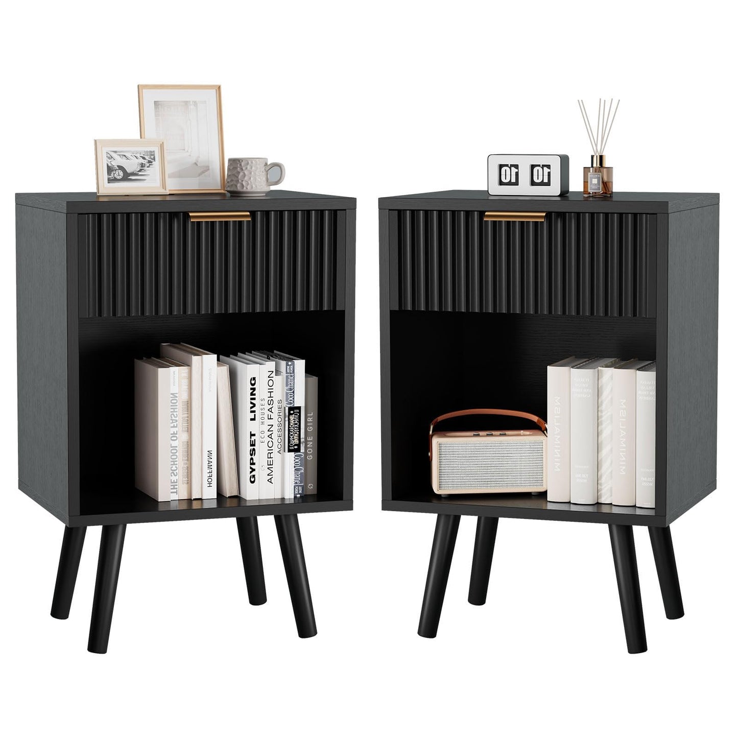 YMYNY Mid Century Modern Nightstand Set of 2, Side Table with Fluted Drawer, Open Shelf Unit, Golden Handle, Solid Wood Legs, Bedside Table, for Bedroom, Black UHST013B-2