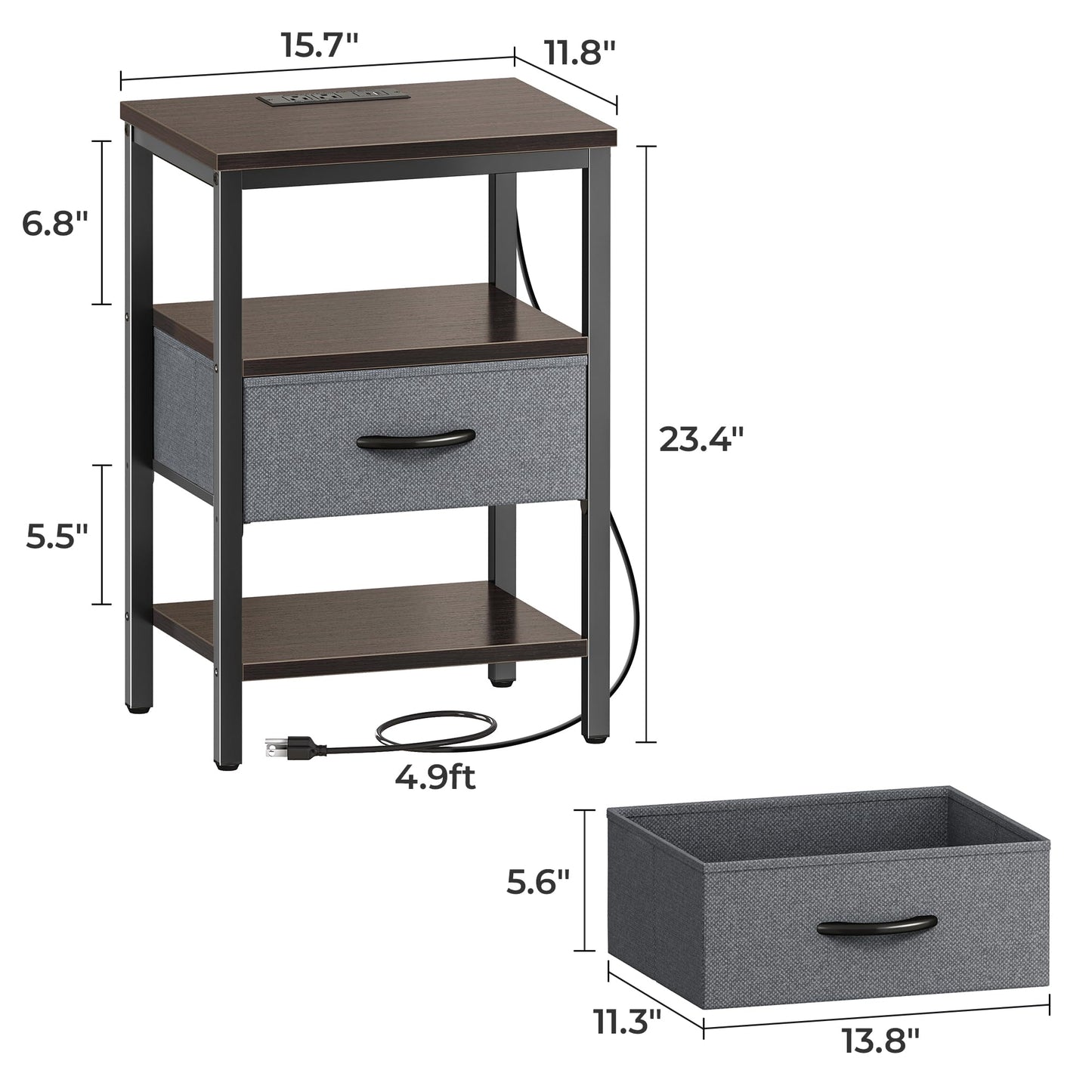 SUPERJARE Nightstand with Charging Station, Bed Side Table with Adjustable Fabric Drawer, Night Stand for Bedroom, 3-Tier Storage End Table, for Living Room - Walnut