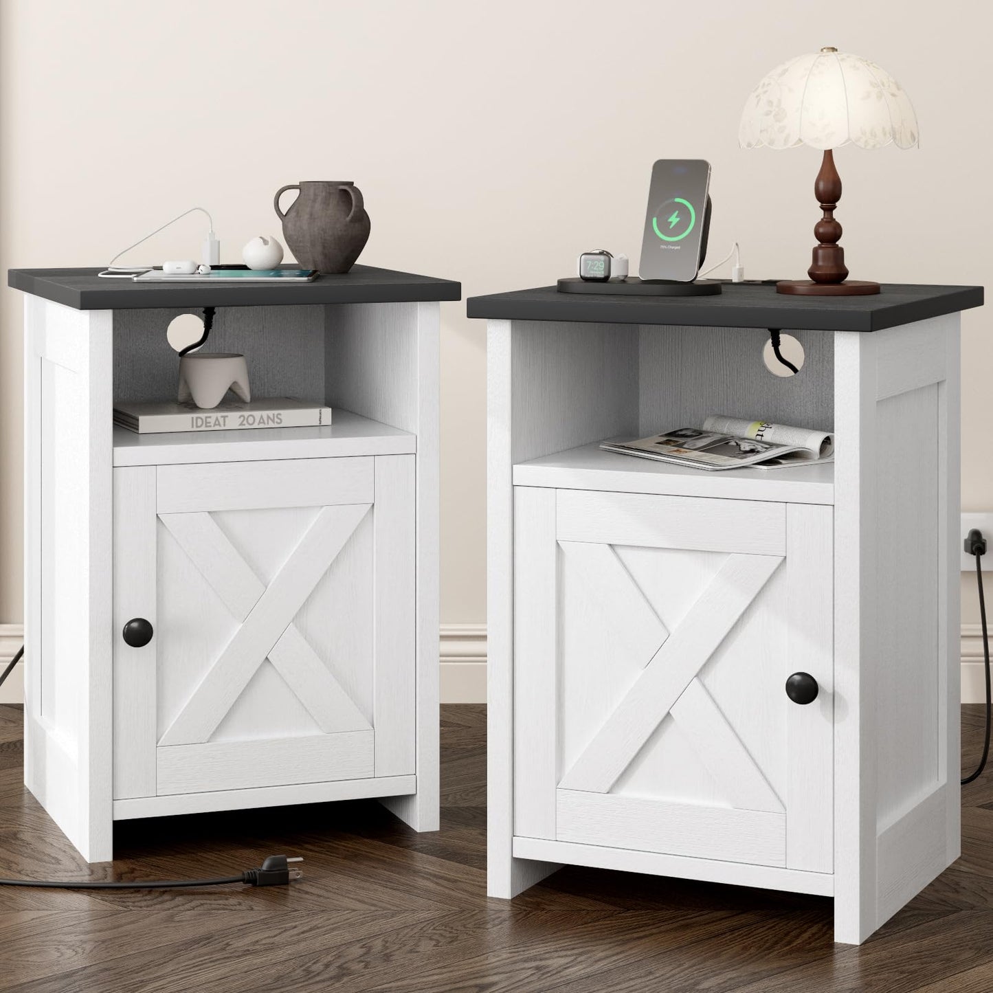 AURINEST Farmhouse End Table Set of 2 w/Charging Station, Nightstands w/Barn Door&Storage Shelf, Rustic Bedside Table for Living Room, Bedroom, Entryway, Office, Small Spaces, White