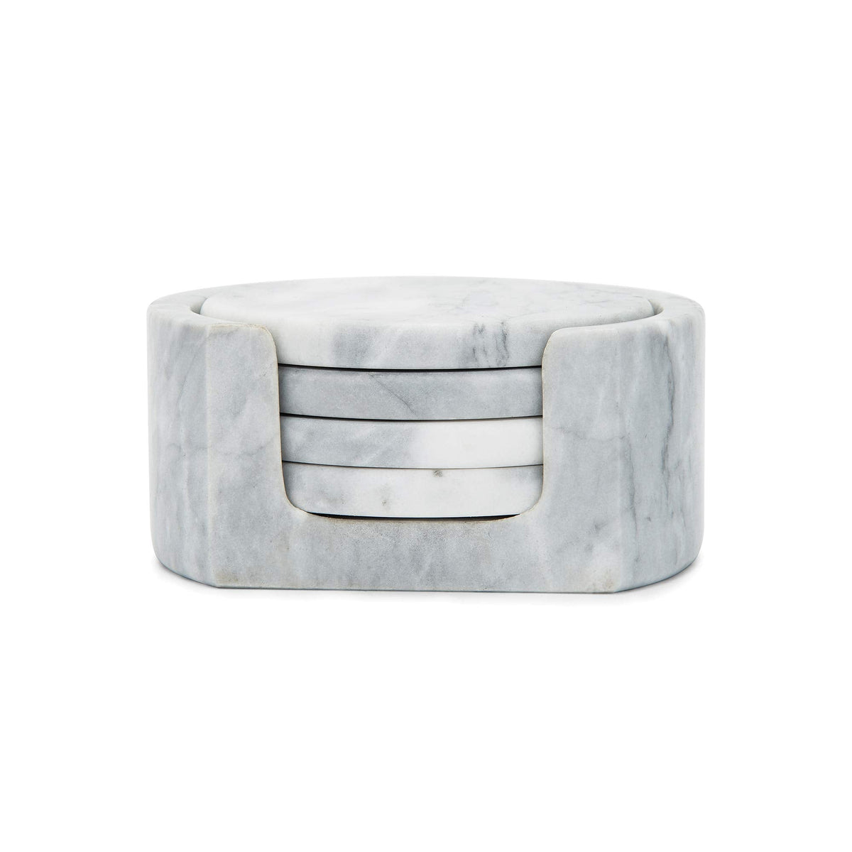 Fox Run Natural Polished Marble Coasters, Set of 4 White Coasters With Holder