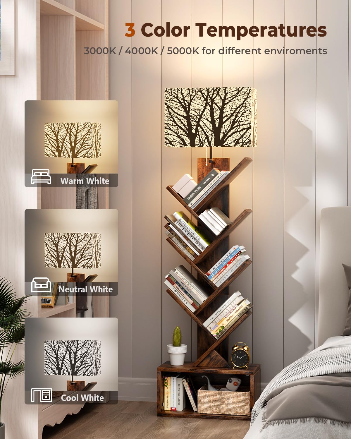 Evermagin Tree Bookshelf with Light, 6 Tier Small Bookcase, Narrow Floor Standing Book Tower Organizer with Storage Cabinet for Living Room, Bedroom and Home Office, Rustic Brown