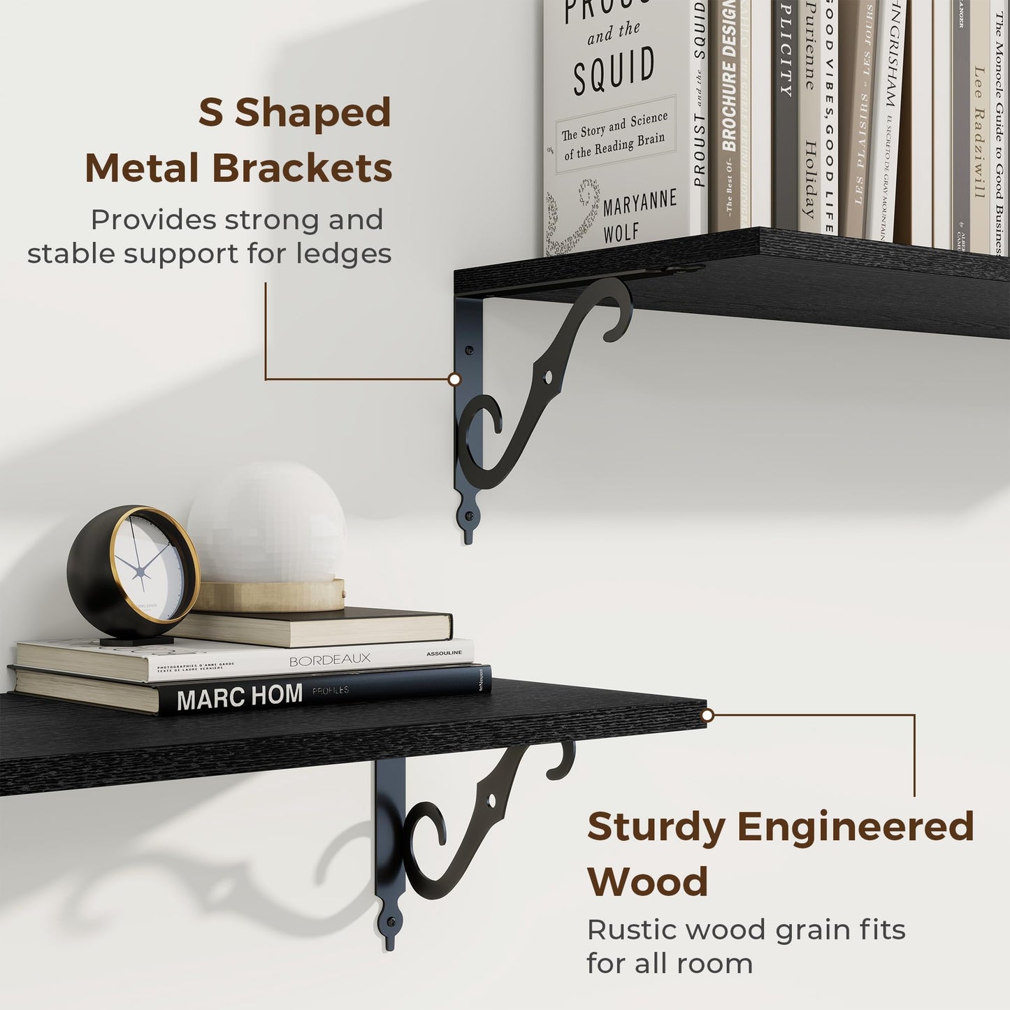 RICHFOCUS 12 Inch Deep Floating Shelves for Wall, 16" W x 12" D Black Wood Wall Shelves Set of 2, Wide Floating Shelves for Living Room, Bedroom, Kitchen, Bathroom and Decor Storage, Black