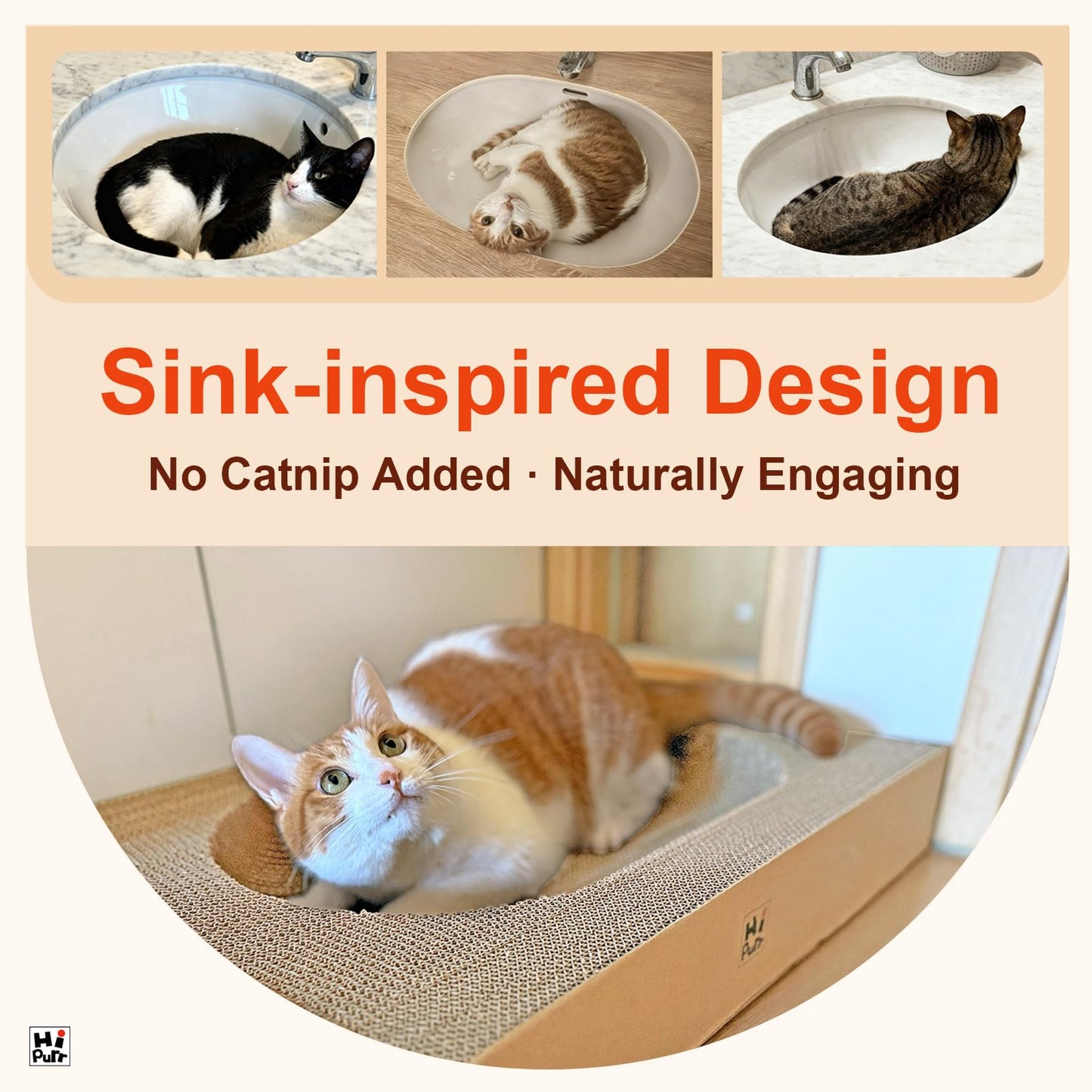 Hi Purr Large Cat Scratcher Bed with Oval Curved Nesting Design, Sink-Inspired Shape, Rectangular Edges for Easy Cleaning, Corrugated Cardboard with Kraft Paper, for Indoor Cats