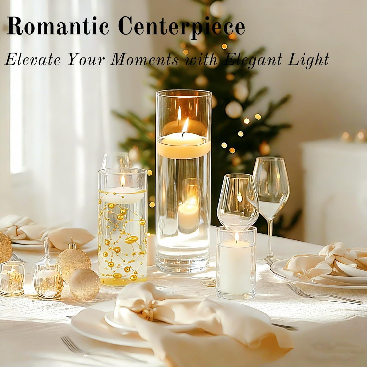 PNJHDZ Set of 12 Glass Cylinder Vases for Centerpieces with 8 Pack Vase Filler 12 Pearl String 24 White Floating Candles for Table Centerpieces for Wedding Party Home Decor 5, 6, 8 Inch