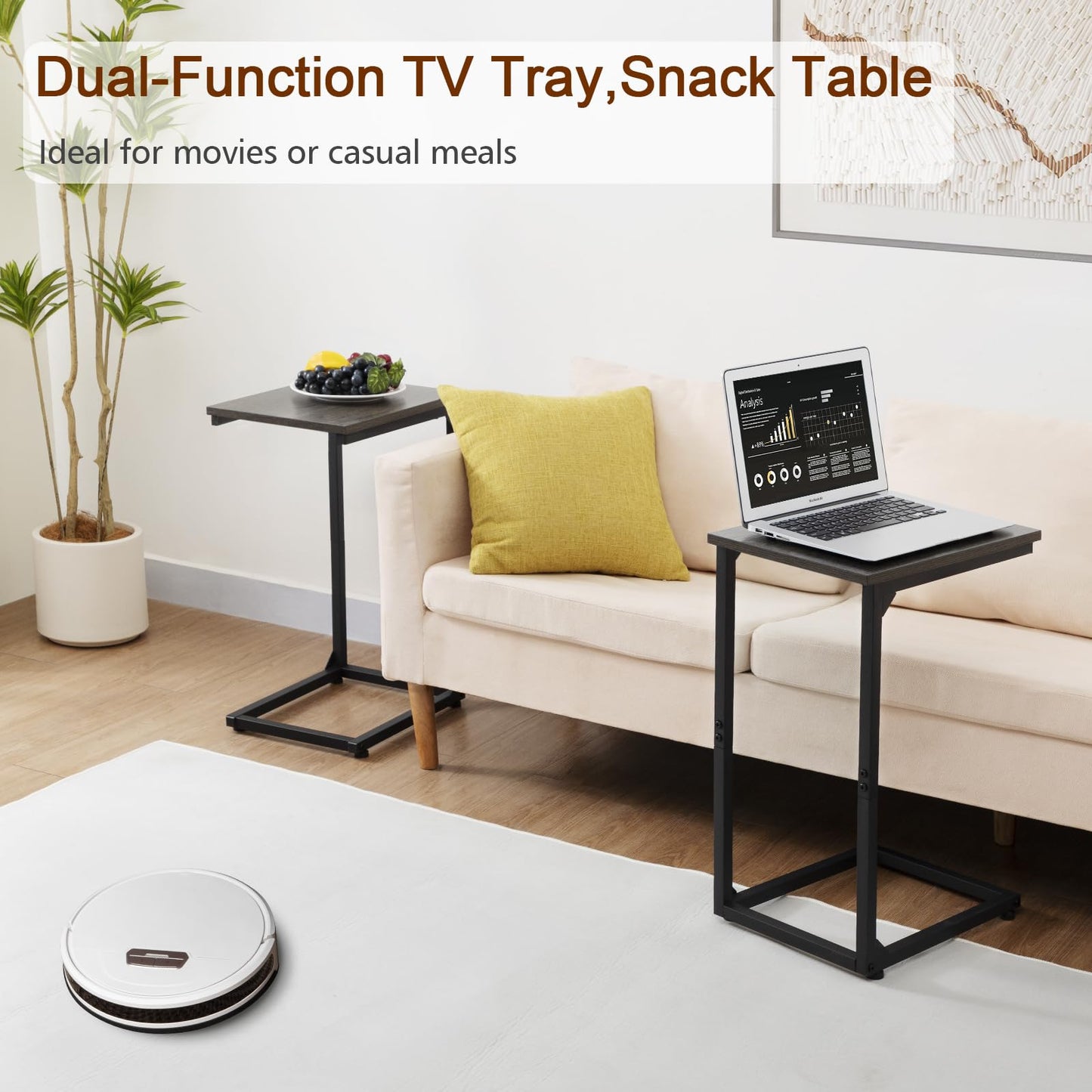 AMHANCIBLE C Shaped End Table Set of 2, Couch Side Table that Slide Under Sofa, Narrow Small Space TV Trays for Living Room, Bedroom, Dark Grey, HET02CDG