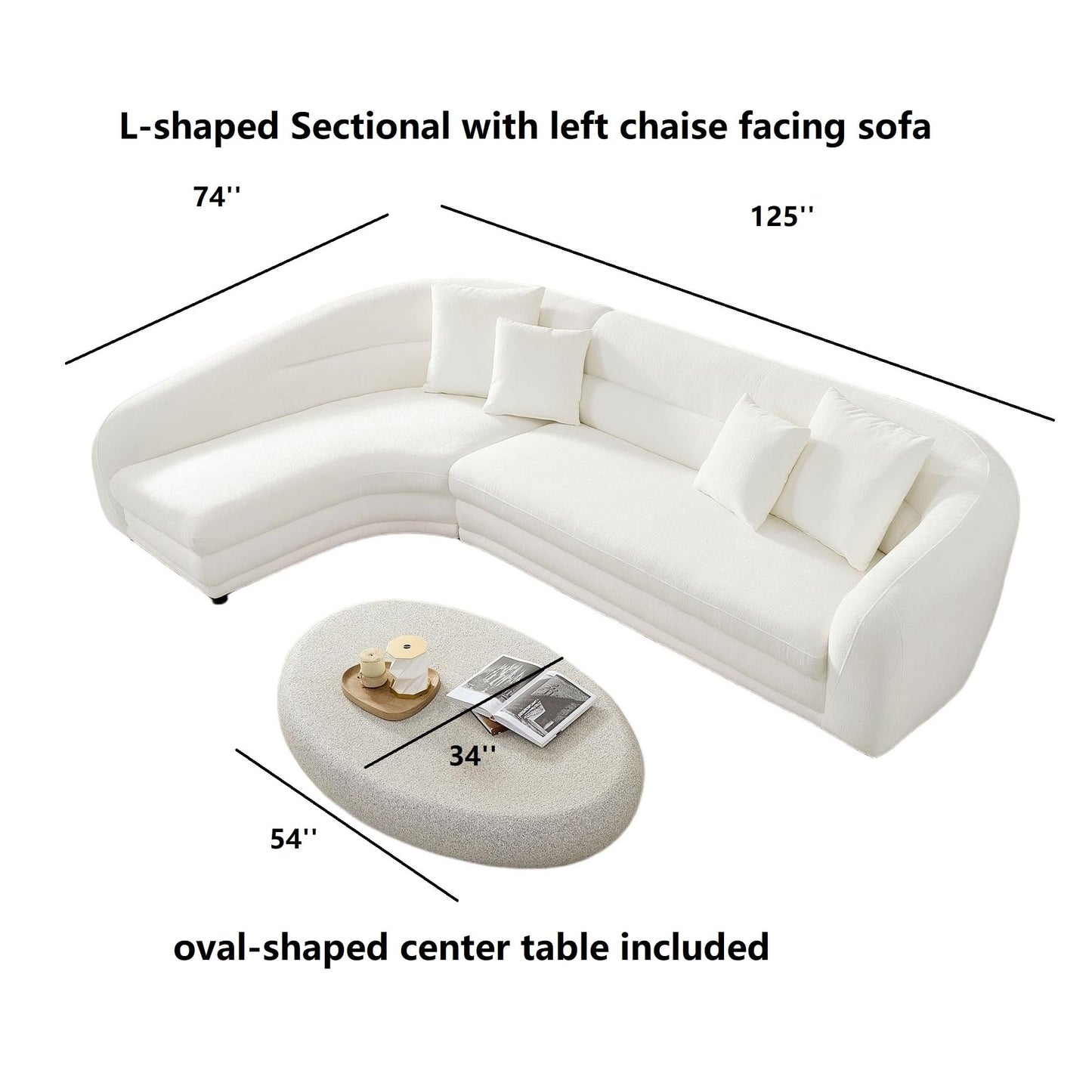 BBTJOINT Contemporary Living Room Set Including Oval Coffee Table, Curved Sectional Sofa, Crisp White Chennile L-Upholstery L-Shaped Couch,