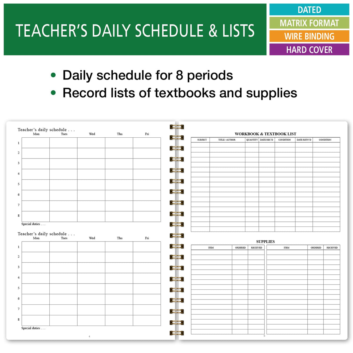 Elan Publishing Company HARDCOVER 7 Period Dated Teacher Lesson Plan; Days Horizontally Across The Top Dated for 2026-2027 Academic Year with Bonus Clip-in Bookmark (Teal Floral)