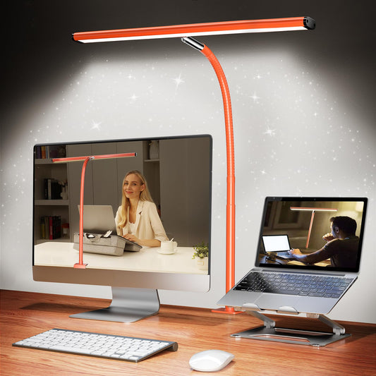 Airlonv LED Desk Lamp for Office Home, Eye-Caring Desk Light with Stepless Dimming Adjustable Flexible Gooseneck, 10W USB Adapter Desk Lamp with Clamp for Reading, Study, Workbench (Orange)