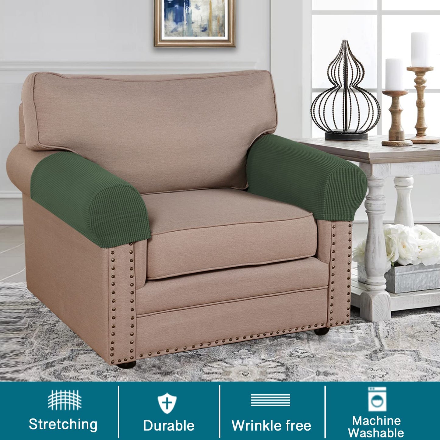 Turquoize Stretch Armrest Covers for Chairs and Sofas Couch Arm Covers for Sofa Spandex Jacquard Armrest Cover Anti-Slip Furniture Protector Armchair Slipcovers for Recliner Set of 2, Bronze Green
