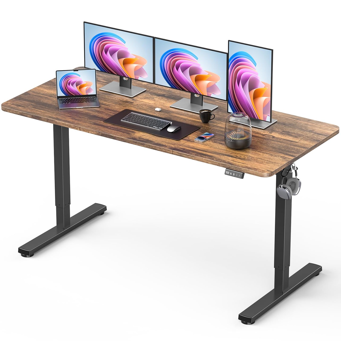 Xyndyx 55" Electric Standing Desk Adjustable Height, Sit Stand up Desk for Home Office & Computer Workstation, 2 Memory Height Settings, Splice Board, 2 Hooks, Black Frame/Rustic Brown Top
