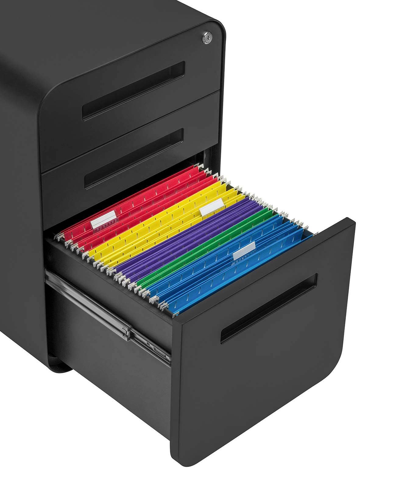 Laura Davidson Furniture Stockpile 3 Drawer File Cabinet with Lock - Under Office Desk Metal Filing Cabinet, Legal/Letter File Folders, Wheels and Stationary Feet, Pre-Assembled, Black