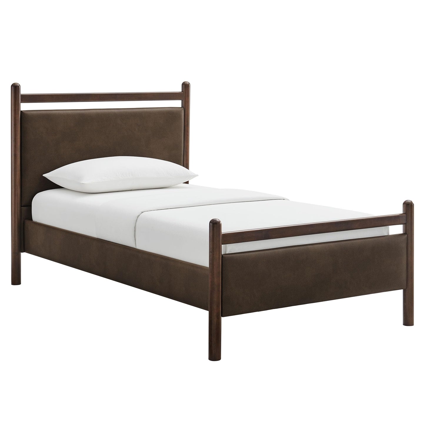 Modway Ginny Twin Platform Bed Frame in Wenge Mushroom - Solid Wood Bed with Padded Faux Leather Headboard and Footboard, Wood Slats, No Box Spring Needed