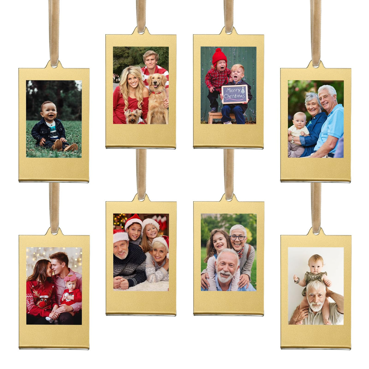 UNIQOOO 8 Set Christmas Instax Acrylic Picture Frames 8.6 * 5.4cm Fujifilm Polaroid Picture Ornaments, Blank Double-Sided Picture Frames for Polaroid Film, Hanging Photo Ornaments For Tree (Gold)