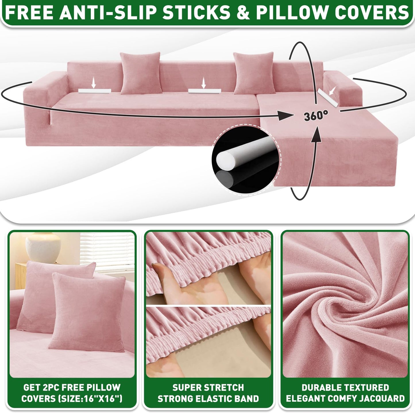 ZNSAYOTX 2026 Soft Velvet Sectional Couch Covers, Luxury Plush Slipcovers with Elastic Bottom for L Shape Sectional Sofa, 2 Pcs Pet Friendly Protector (3 Seat Couch + 2 Seat Chaise, Rose)
