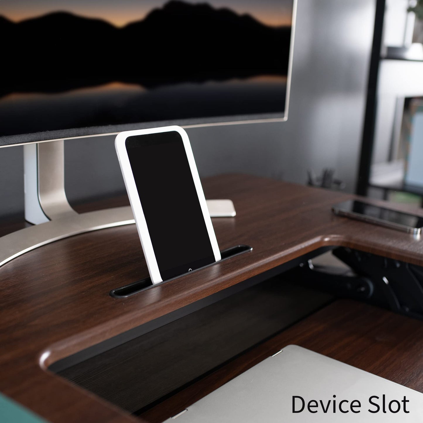 VIVO 36 inch Height Adjustable Stand Up Desk Converter, V Series, Quick Sit to Stand Tabletop Dual Monitor Riser Workstation, Dark Walnut Top, Black Frame, DESK-V000VD