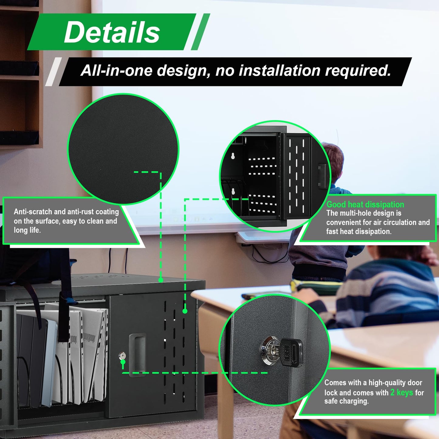 AQNIEGEP 16-Device Charging Station for Laptops/Tablets, Wall-Mount Charging Cabinet for Chromebooks/Laptop Computers, Laptop & Tablet Storage Carts for Classroom/Library/Office/Lockable, Black