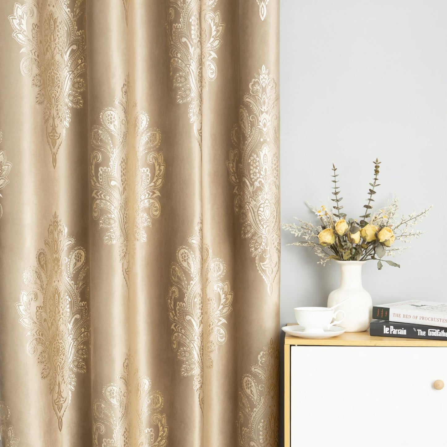 VOGOL Brown Blackout Bedroom Curtains, Luxury European Style Thermal Insulated Velvet Drapes for Living Room, Golden Flower Pattern Room Darkening Curtain, 2 Panels, 52 x 84