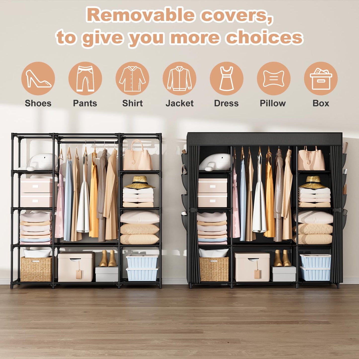 BrFoYu Portable Closet for Hanging Clothes 57.3 Inch Large Capacity Wardrobe Closet with Cover, 8 Pockets and 1 Hanging Rod, Easy Assembly Closet Organizer for Bedroom, Black