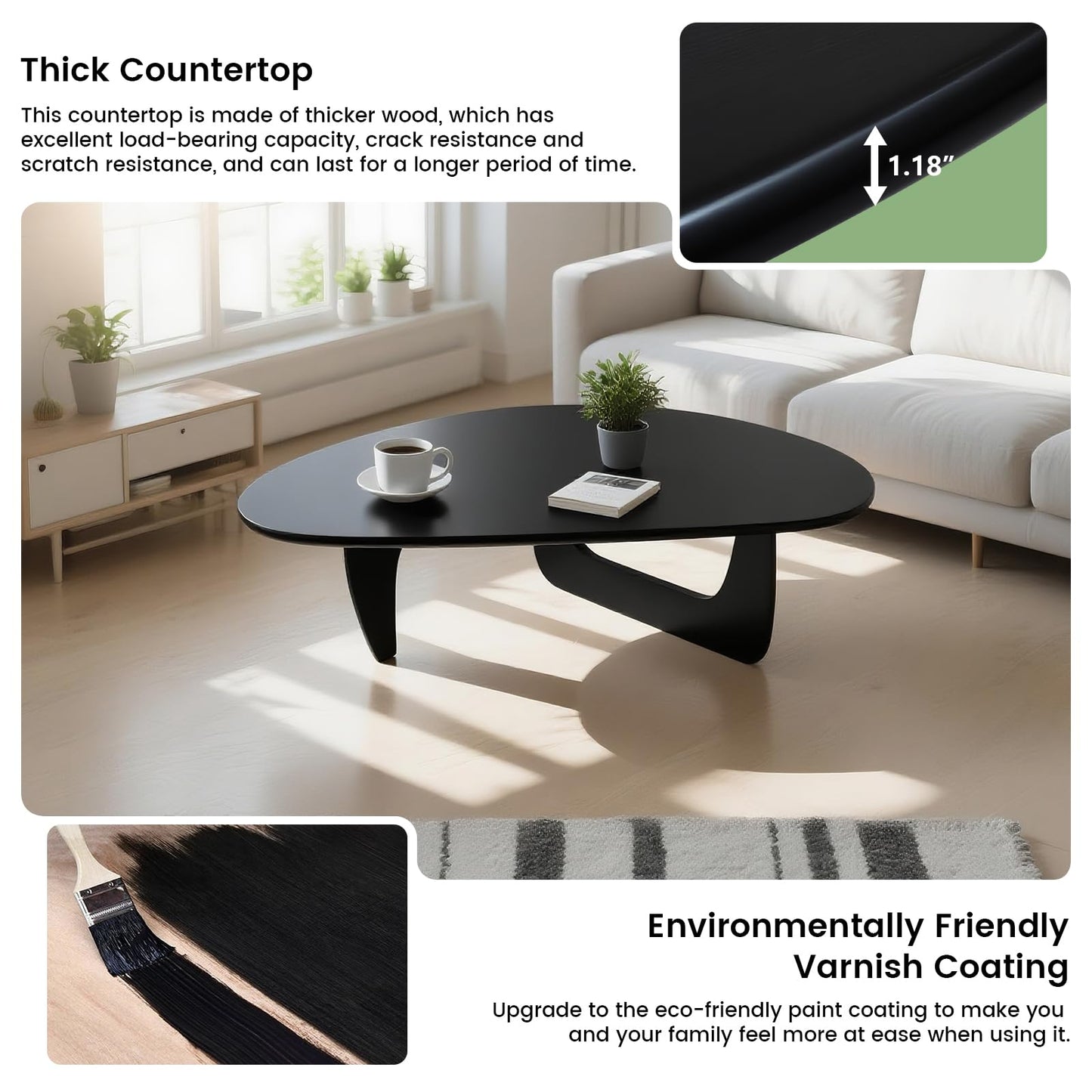 Solid Wood Triangle Coffee Table,Unique Mid Century Modern Oval Coffee Table,Irregular Geometric Tea Tables for Home Living Room with Wooden Tabletop and Reinforced (Black2, 43" L x 31" W x 16" H)