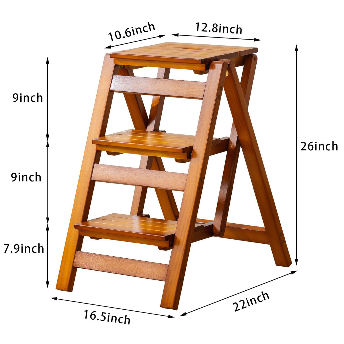 Latifolia Foldable 3 Step Ladder, Wooden Step Stool with Floor Saver, Decorative Ladder Shelf for Living Room, Kitchen, Garden(Walnut)
