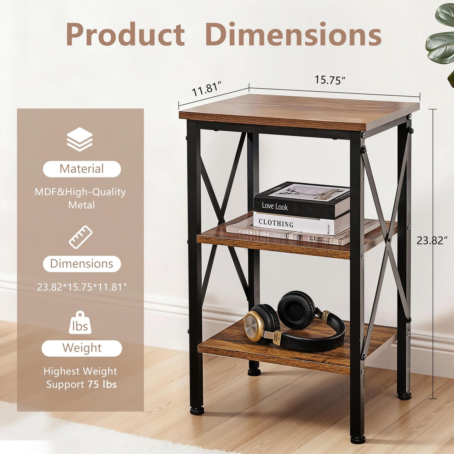 VECELO End Table Set of 2, Bedside Table, 24" Tall Living Room End Tables, X-Design Reinforced Nightstands, Side Table with 3-Tier Storage Shelves for Small Spaces, Office, Bedroom, Rustic Brown