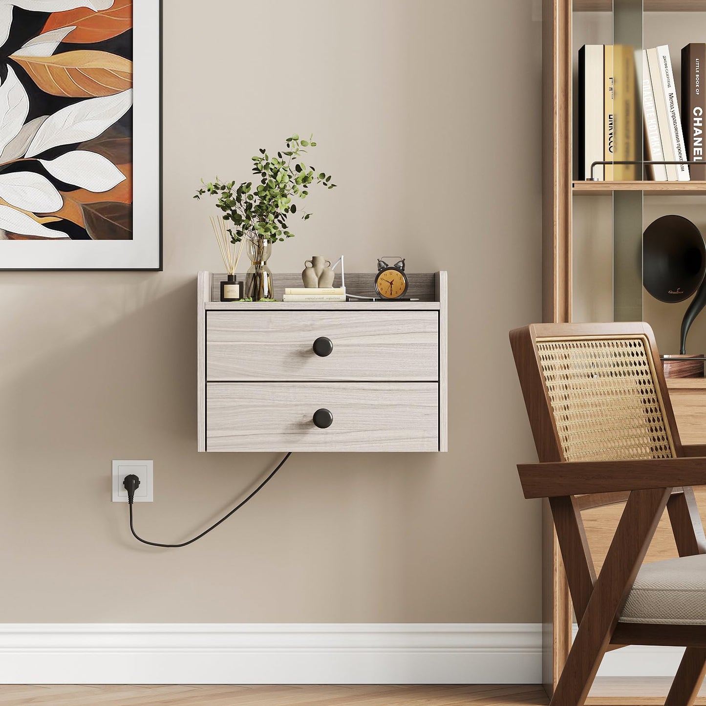 Floating Nightstand Set of 2 with 2 Storage Drawers and Charging Station Wood Wall Mounted Bedside End Table Modern Night Stands Set 2 for Bedroom,Small Space,Grey Black